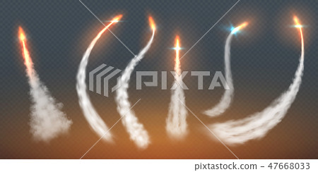 Rocket condensation trails. Fire jet steam effect airplane flight lines fly smoke fire burst 47668033