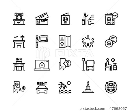 Tourism line icons. Travel holiday resort airplane vacation ticket tourism agency bus car rent 47668067