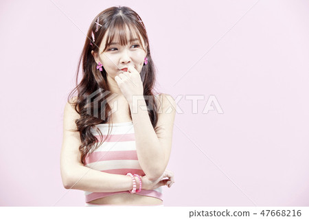 Retro, young woman, pink background 47668216