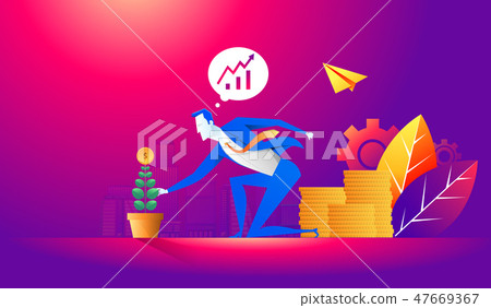 Investment and finance growth business concept. Businessman putting a coin in flowers pot and Investment and finance growth business concept. Businessman putting a coin in flowers pot and 47669367