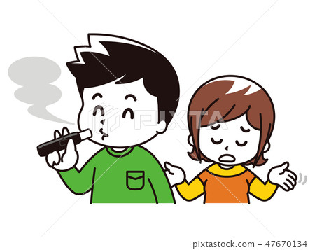 A woman amazed with a man smoking an electronic cigarette A woman amazed with a man smoking an electronic cigarette 47670134