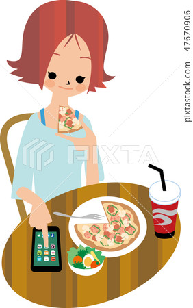 A woman eating while watching a smartphone 47670906