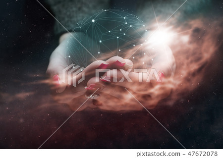 Woman holdingblue Social connection technologies. 47672078