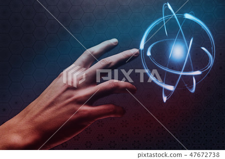 Human forefinger touches atom. Mixed media. 47672738