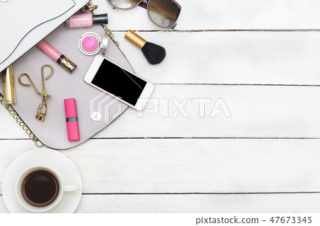 feminine accessories and make up. Flat lay feminine accessories and make up. Flat lay 47673345