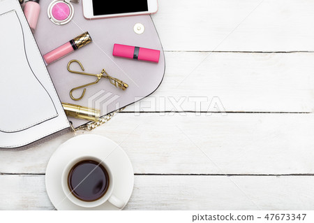 Make up products on wooden background. Flat lay Make up products on wooden background. Flat lay 47673347