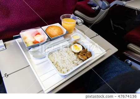 Basic in-flight meal consisting rice, egg, meat Basic in-flight meal consisting rice, egg, meat 47674136