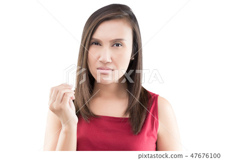 Displeased woman hold white empty isolated on white background, Displeased woman hold white empty isolated on white background, 47676100