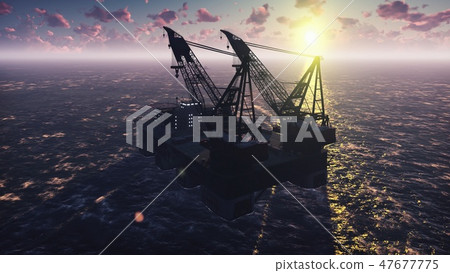 Oil platform, offshore platform, or offshore drilling rig in sea at sunrise. 3D Rendering 47677775