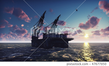 Oil platform, offshore platform, or offshore drilling rig in sea at sunrise. 3D Rendering Oil platform, offshore platform, or offshore drilling rig in sea at sunrise. 3D Rendering 47677850