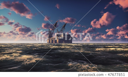 Oil platform, offshore platform, or offshore drilling rig in sea at sunrise. 3D Rendering Oil platform, offshore platform, or offshore drilling rig in sea at sunrise. 3D Rendering 47677851