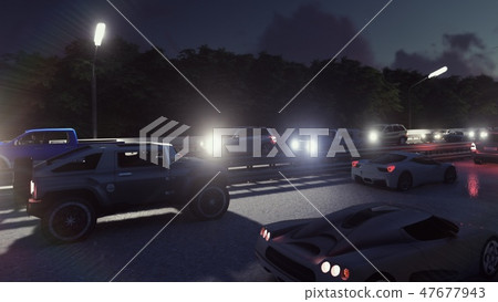 Cars with lights on go through the city at night. Night cars lights and heavy traffic. 3D Rendering 47677943