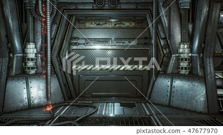 Futuristic sci-fi tunnel with sparks and smoke, interior view. 3D Rendering 47677970