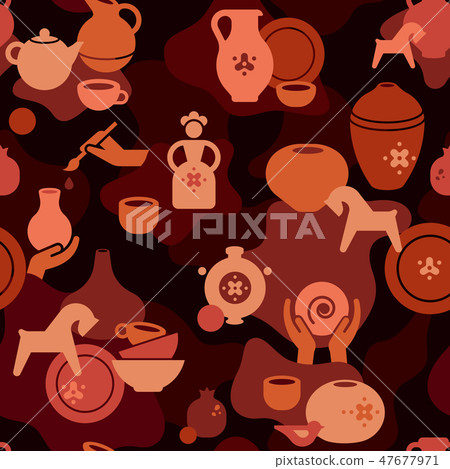 Seamless pottery pattern with vases and others ceramic. Clay horse, women, and other dishes. 47677971