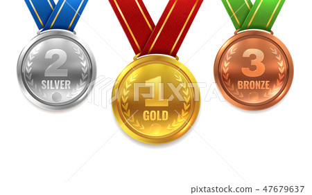 Gold silver bronze medals. Winner shiny circle medal honor champion award ceremony trophy place 47679637