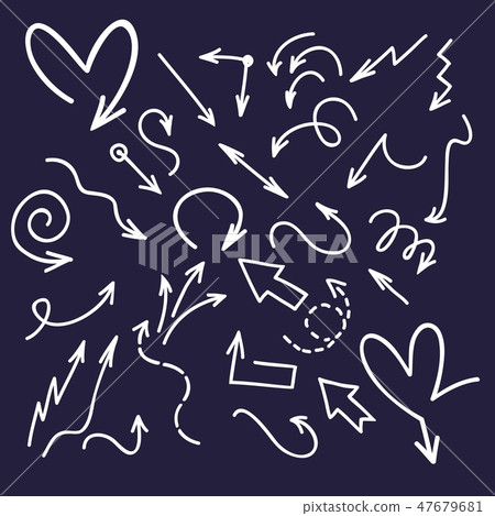 Ink doodle arrows. Handwriting scribble sketch line arrowheads isolated on dark background 47679681