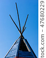 Top of a wooden wigwam 47680229