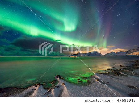 Real Magic of Northern Lights - Norwegian fjord 47681915
