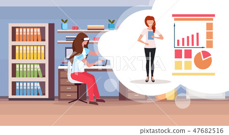 girl sitting workplace wearing digital glasses virtual reality woman making presentation financial 47682516