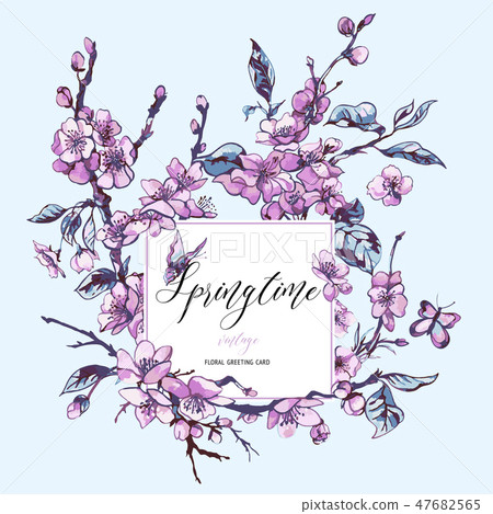 Watercolor spring greeting card vintage floral... - Stock Illustration ...