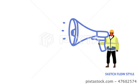 repairman holding megaphone workman construction worker in uniform shouting at megaphone male 47682574