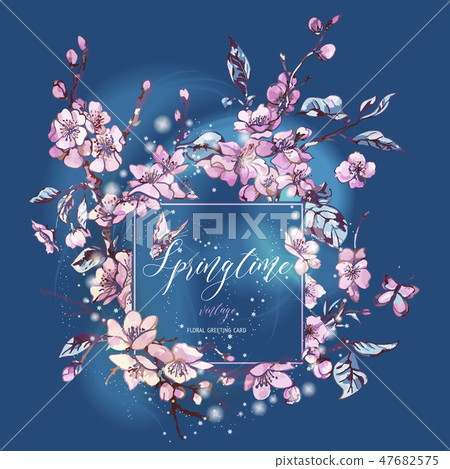 Watercolor spring greeting card vintage floral bouquet with pink 47682575