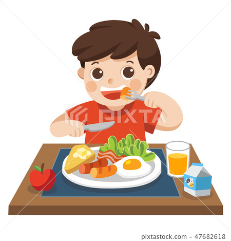 A Boy Happy To Eat Breakfast In The Morning. - Stock 