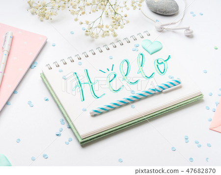 Spring girl's items flat lay. Hello word 47682870