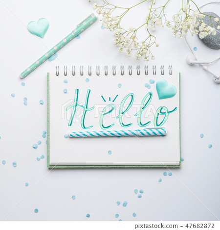 Spring girl's items flat lay. Hello word 47682872