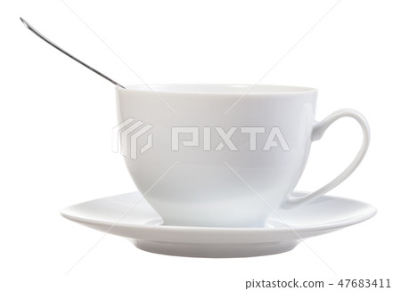 side view of white cup with spoon and saucer side view of white cup with spoon and saucer 47683411