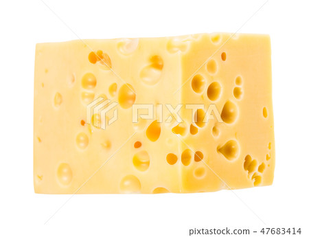 hunk of yellow swiss cheese with internal holes 47683414