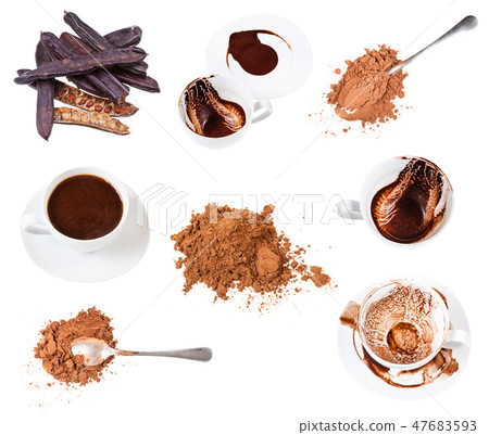 carob pods, powder, drinks and sediments in cups carob pods, powder, drinks and sediments in cups 47683593