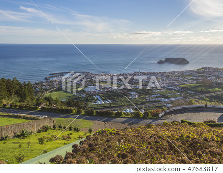Aerial view of Vila Franca do Campo town with its famous volcanic islet near the coast, from 47683817