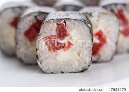 Japanese food restaurant, sushi maki gunkan roll plate or platter set. Sushi set and composition Japanese food restaurant, sushi maki gunkan roll plate or platter set. Sushi set and composition 47683979