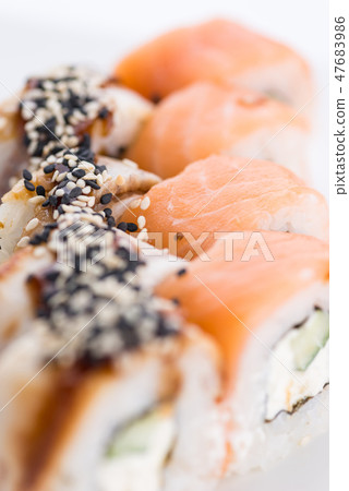 Japanese food restaurant, sushi maki gunkan roll plate or platter set. Sushi set and composition 47683986