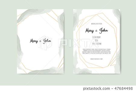 Wedding invite with abstract watercolor style decoration in light tender dusty green color on white 47684498