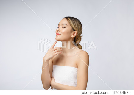 Portrait of beautiful asian woman makeup of cosmetic, girl hand touch cheek,face of beauty perfect 47684681