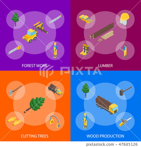 Lumberman Woodcutter Signs 3d Banner Set Isometric View. Vector 47685126