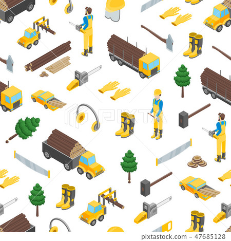 Lumberman Woodcutter Seamless Pattern Background 3d Set Isometric View. Vector 47685128