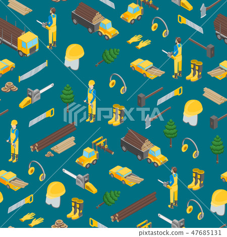 Lumberman Woodcutter Seamless Pattern Background 3d Set Isometric View. Vector 47685131