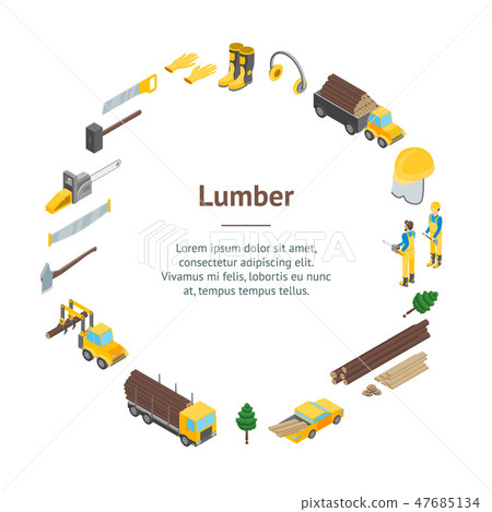 Lumberman Woodcutter Signs 3d Banner Card Circle Isometric View. Vector 47685134