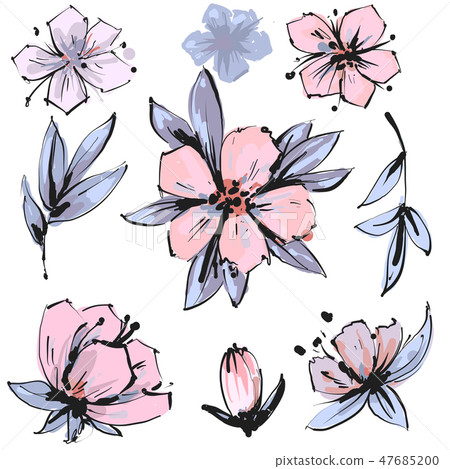 Vector spring blossom - pink flower set. Flower and bud illustrations 47685200