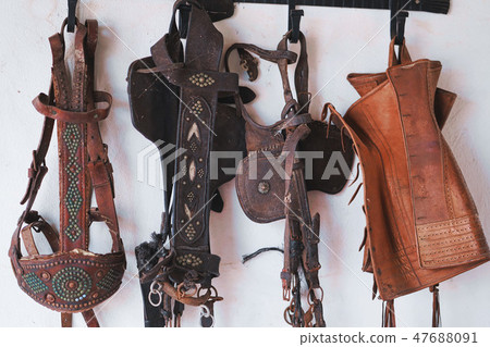 Leather horse bridles and bits hanging on wall. 47688091