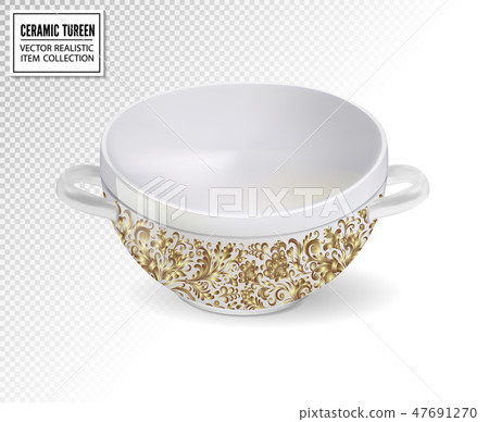 Realistic ceramic ware with ornate pattern. Tableware for cooking, cooking utensils for serving Realistic ceramic ware with ornate pattern. Tableware for cooking, cooking utensils for serving 47691270