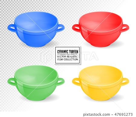 Realistic ceramic ware set. Different colors tableware for cooking, cooking utensils for serving Realistic ceramic ware set. Different colors tableware for cooking, cooking utensils for serving 47691273