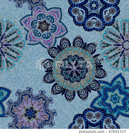 Jeans background with Ethnic Mandalas. Vector Denim Seamless pattern. Blue jeans cloth. Tribal Jeans background with Ethnic Mandalas. Vector Denim Seamless pattern. Blue jeans cloth. Tribal 47691337