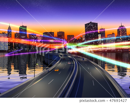 Night view of the city Skyscraper group optical communication network CG Illustration 47691427
