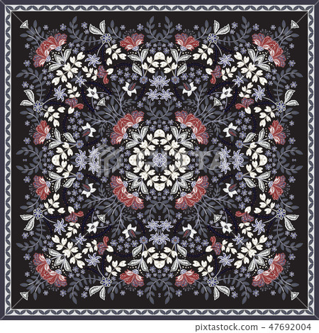 Design for square pocket, shawl, textile. Hand draw fantasy floral pattern. Vector template 47692004