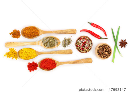 Spices in the spoons isolated on white vector