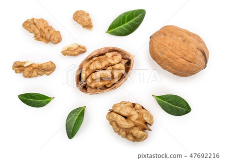 Walnuts with leaf isolated on white background. Top view. Flat lay Walnuts with leaf isolated on white background. Top view. Flat lay 47692216